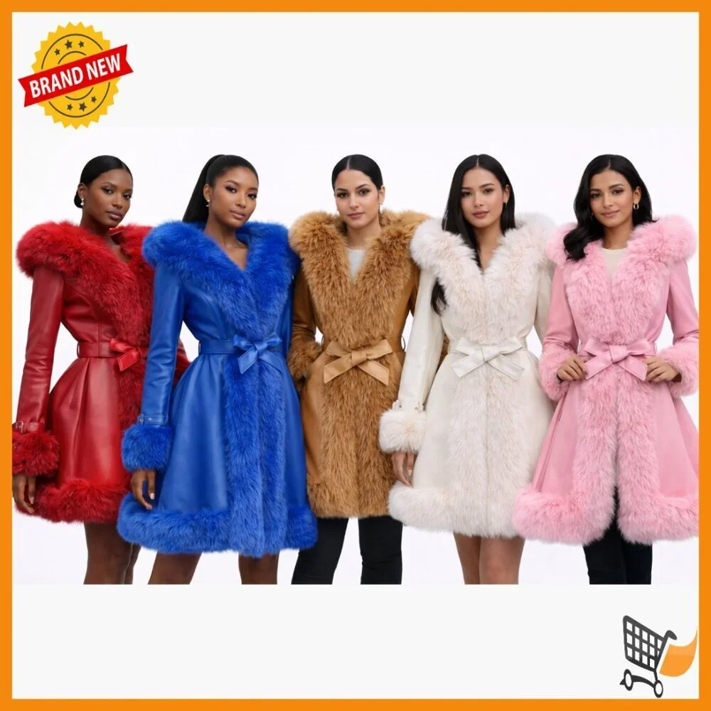 Vegan Leather Belted A Line Winter Coat with Faux Fur Trim Hood